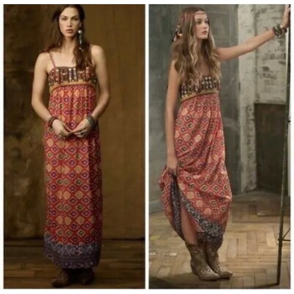 Denim & Supply Ralph Lauren Maxi Dress Womens XL Orange Boho Ikat Pom